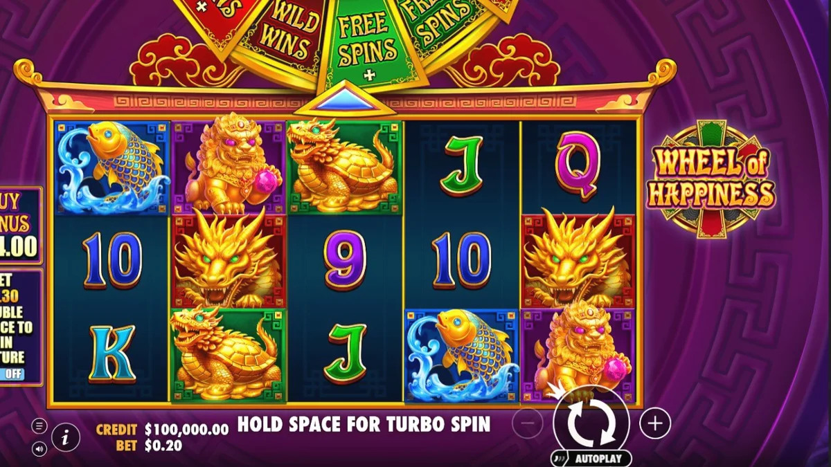 Wheel of Happiness slot machine interface na may mga gintong simbolo at dragon